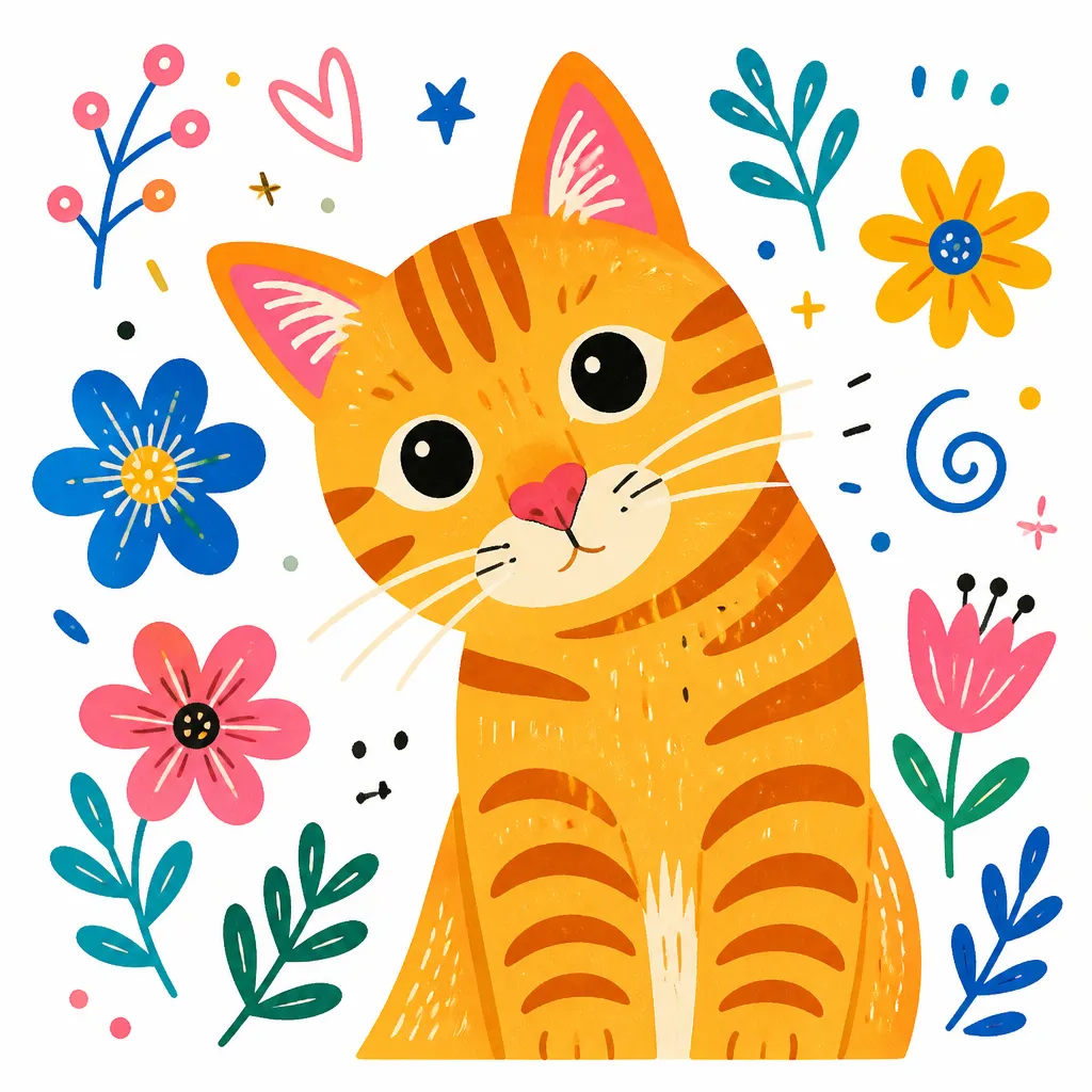 花叢中的暖橘色小貓插畫