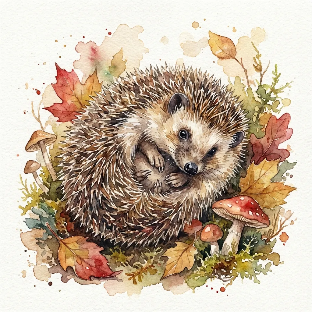 秋日刺蝟水彩畫