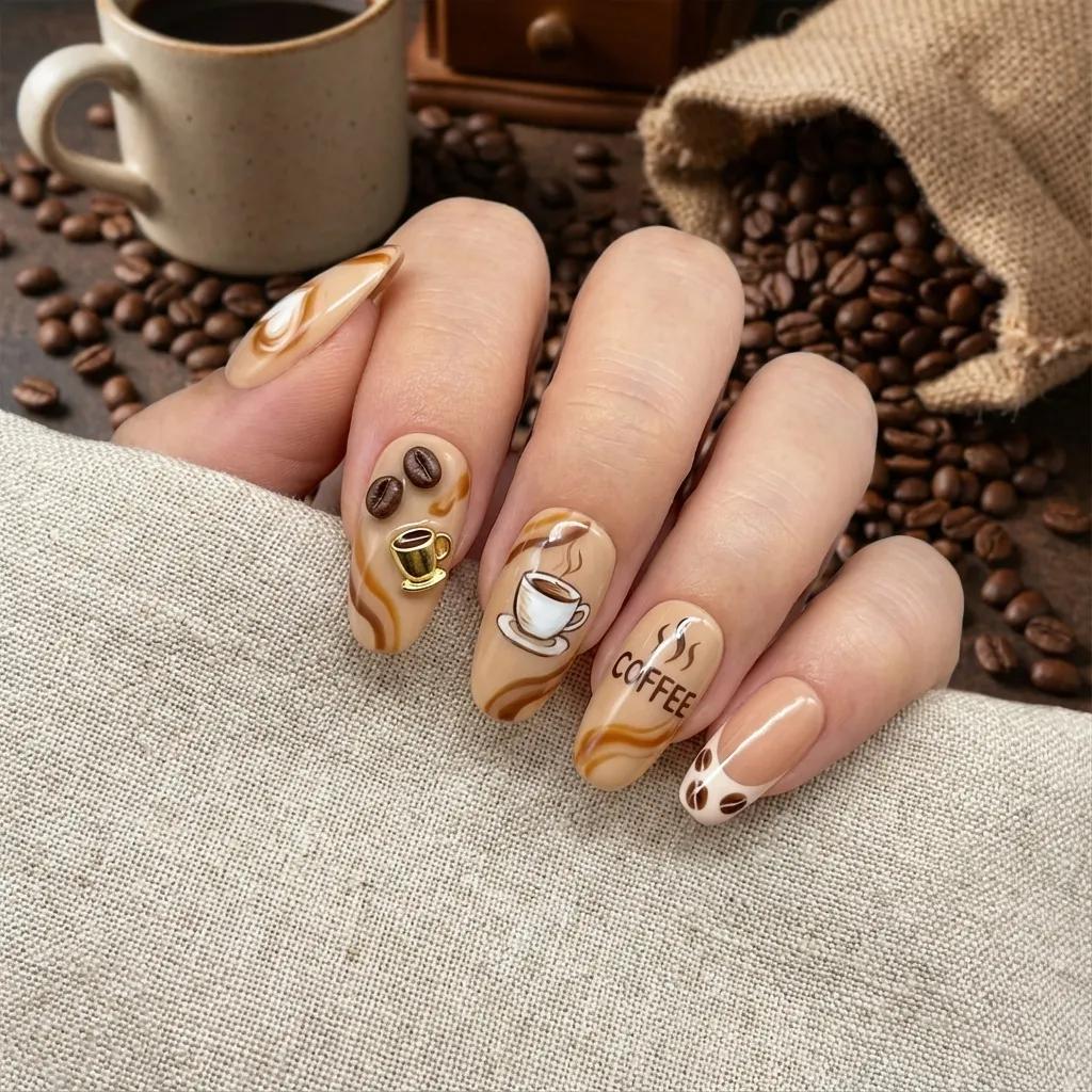 咖啡主題美甲設計