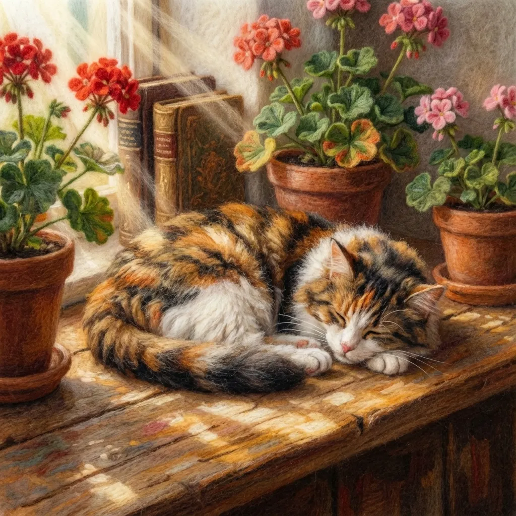 陽光下的午睡貓咪與天竺葵