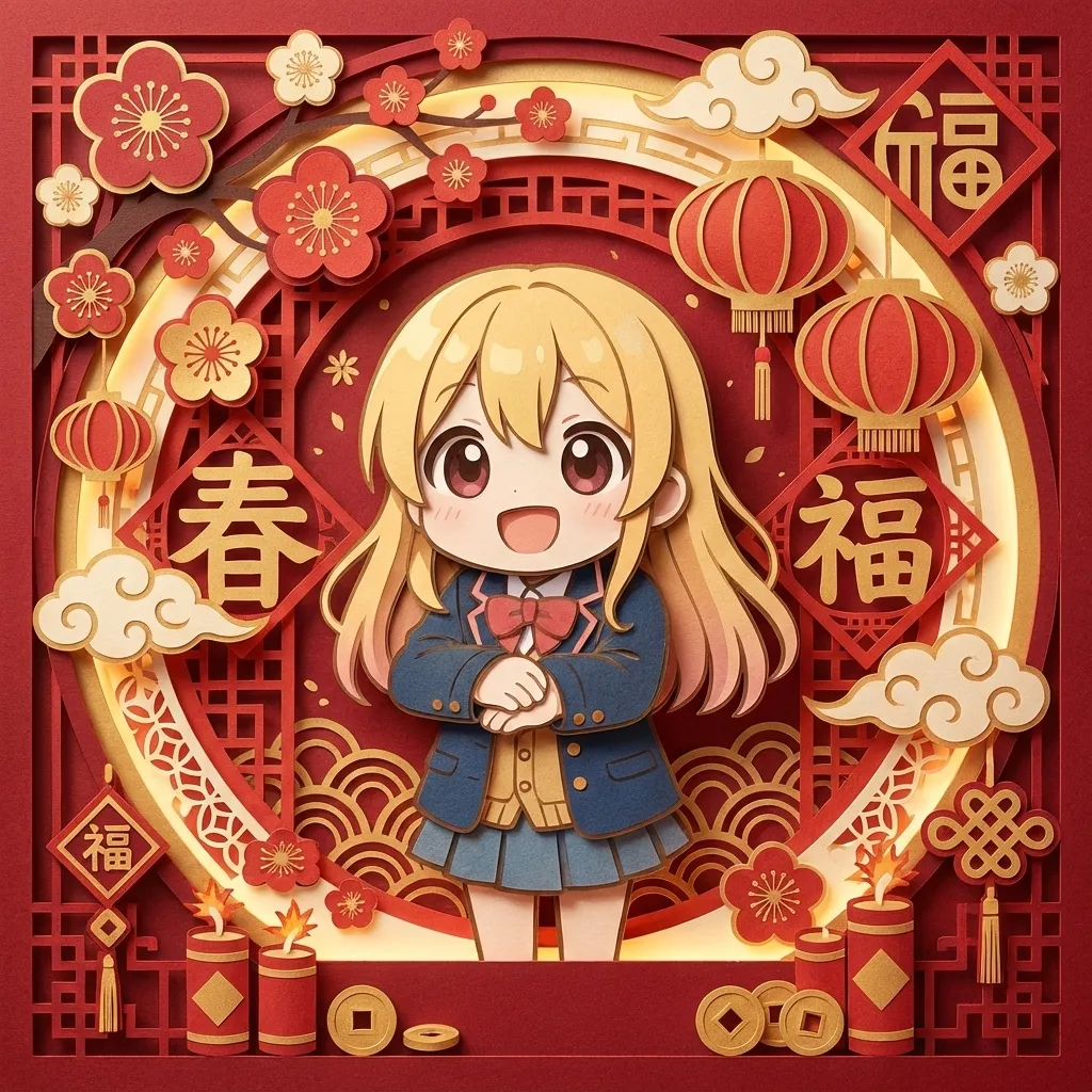 可愛動漫女孩的農曆新年剪紙藝術
