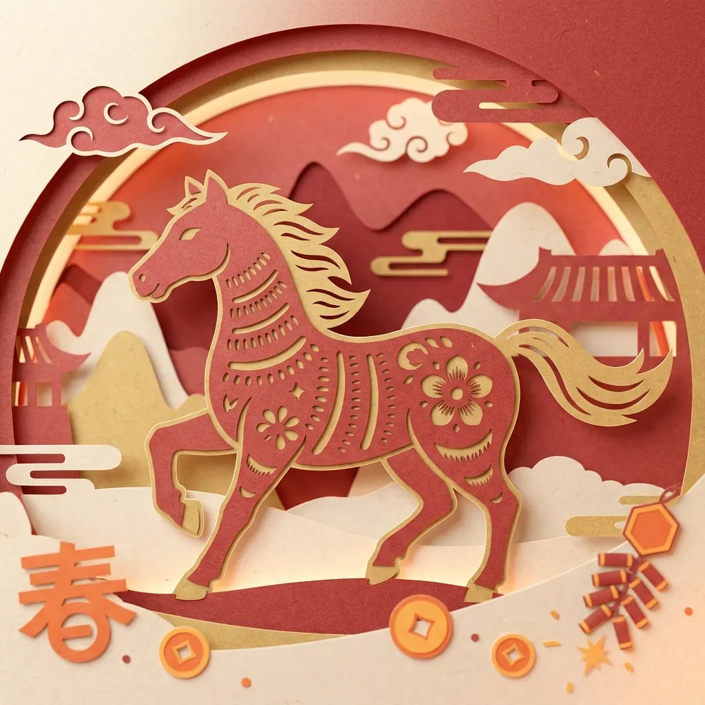 剪紙風格馬年新春圖