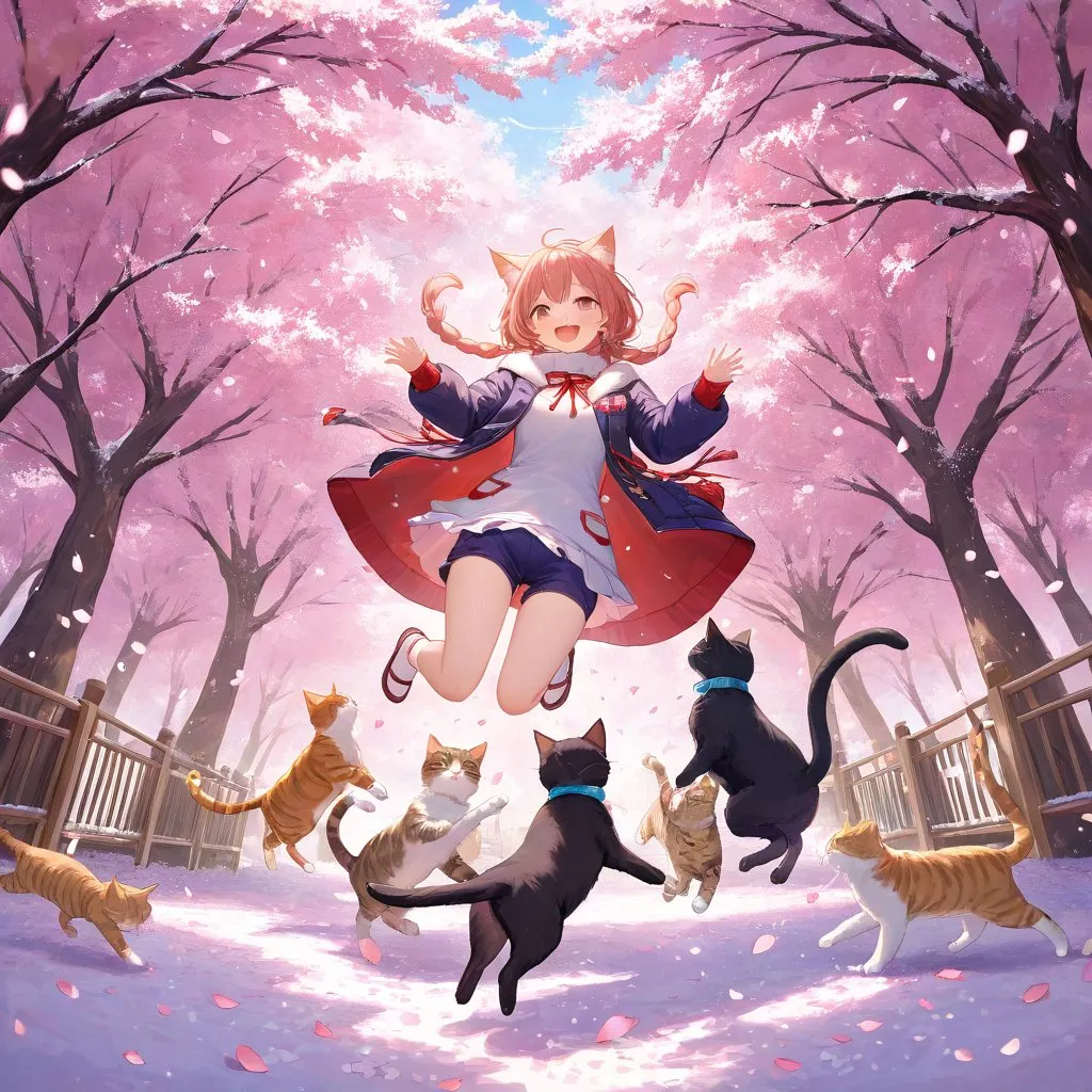 猫と桜並木を散歩