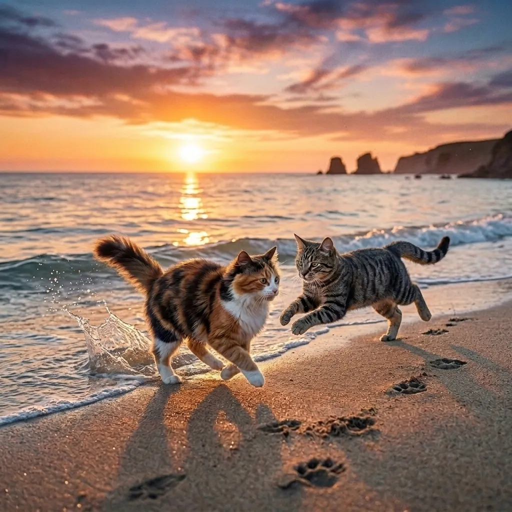 夕陽餘暉下的沙灘貓咪追逐戰