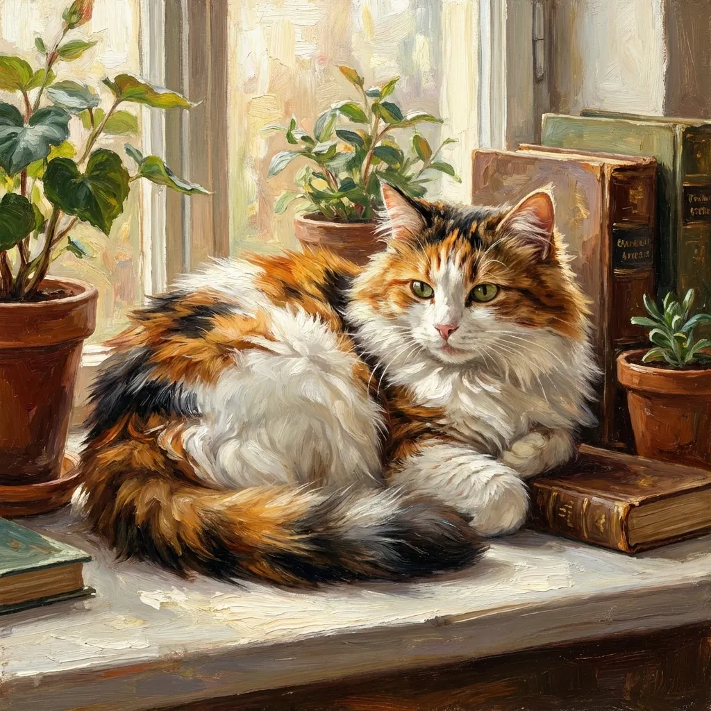 窗邊旭日：午後憩息的三花貓