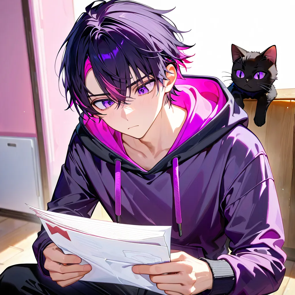手紙を読む少年と黒猫