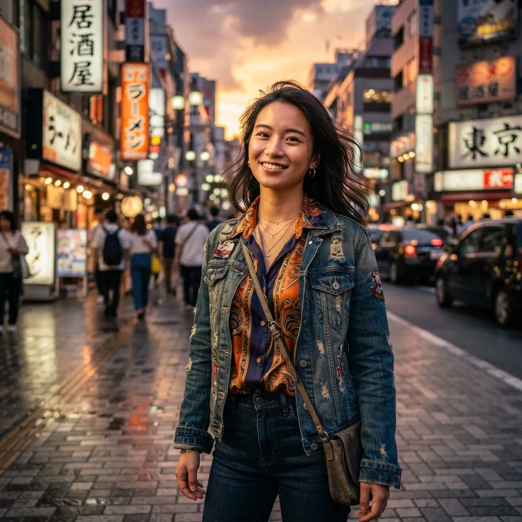 城市街頭的黃金時刻：暖陽下的少女倩影
