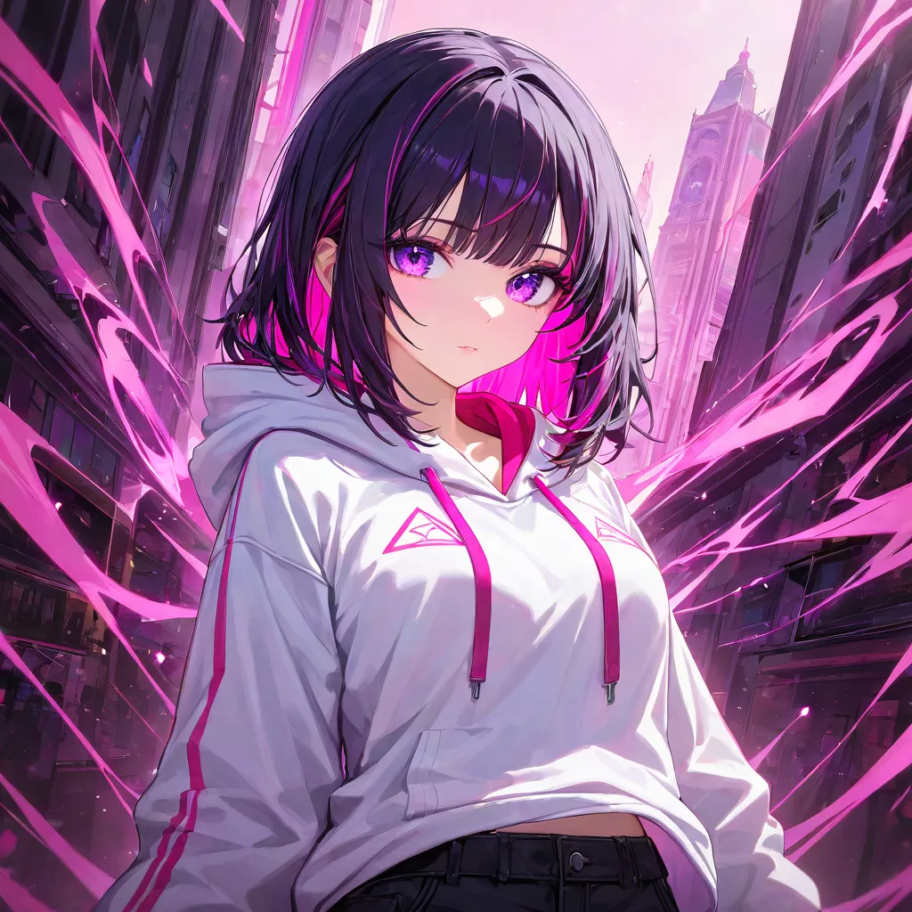 ネオンピンクの街のアニメ少女