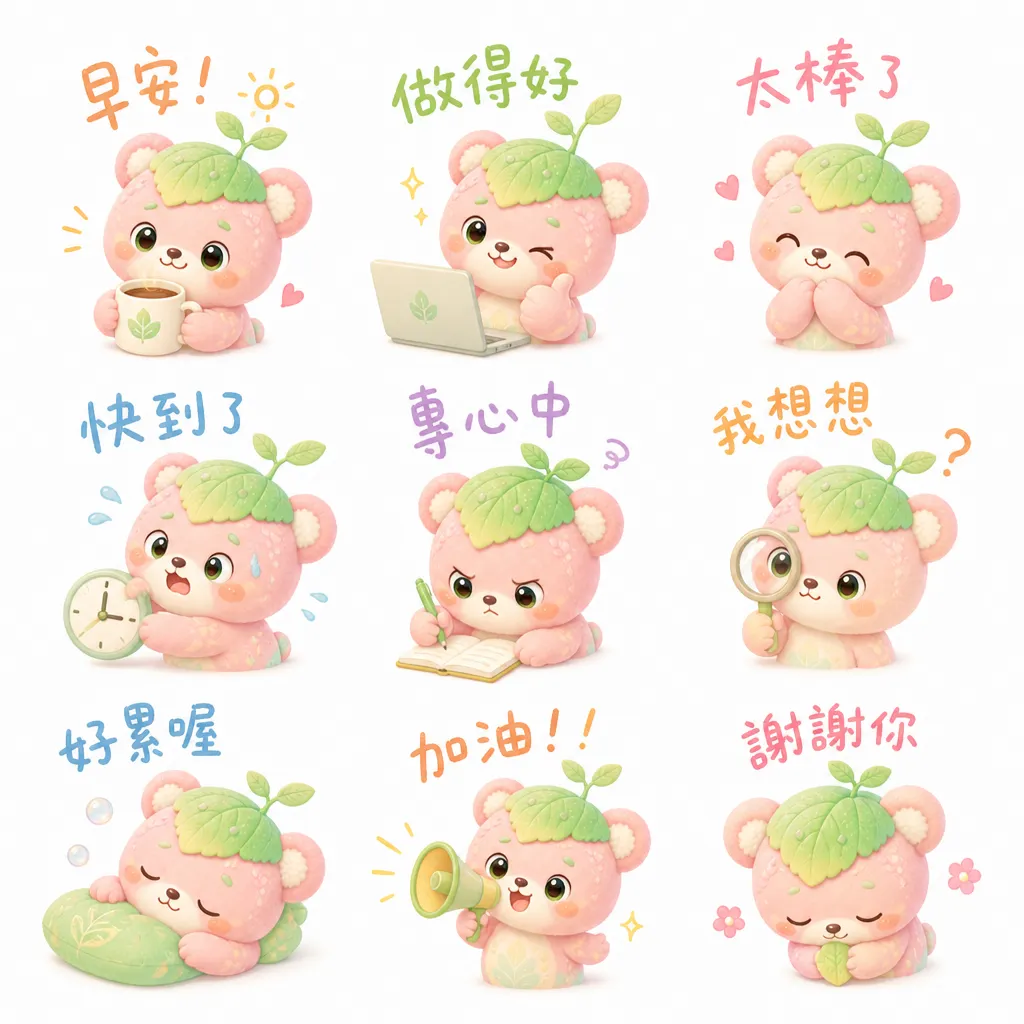 療癒系粉萌葉子熊：九宮格日常表情包