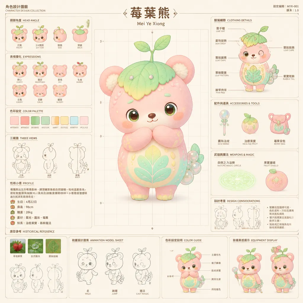 森林幻獸：原創角色「莓葉熊」完整設定圖