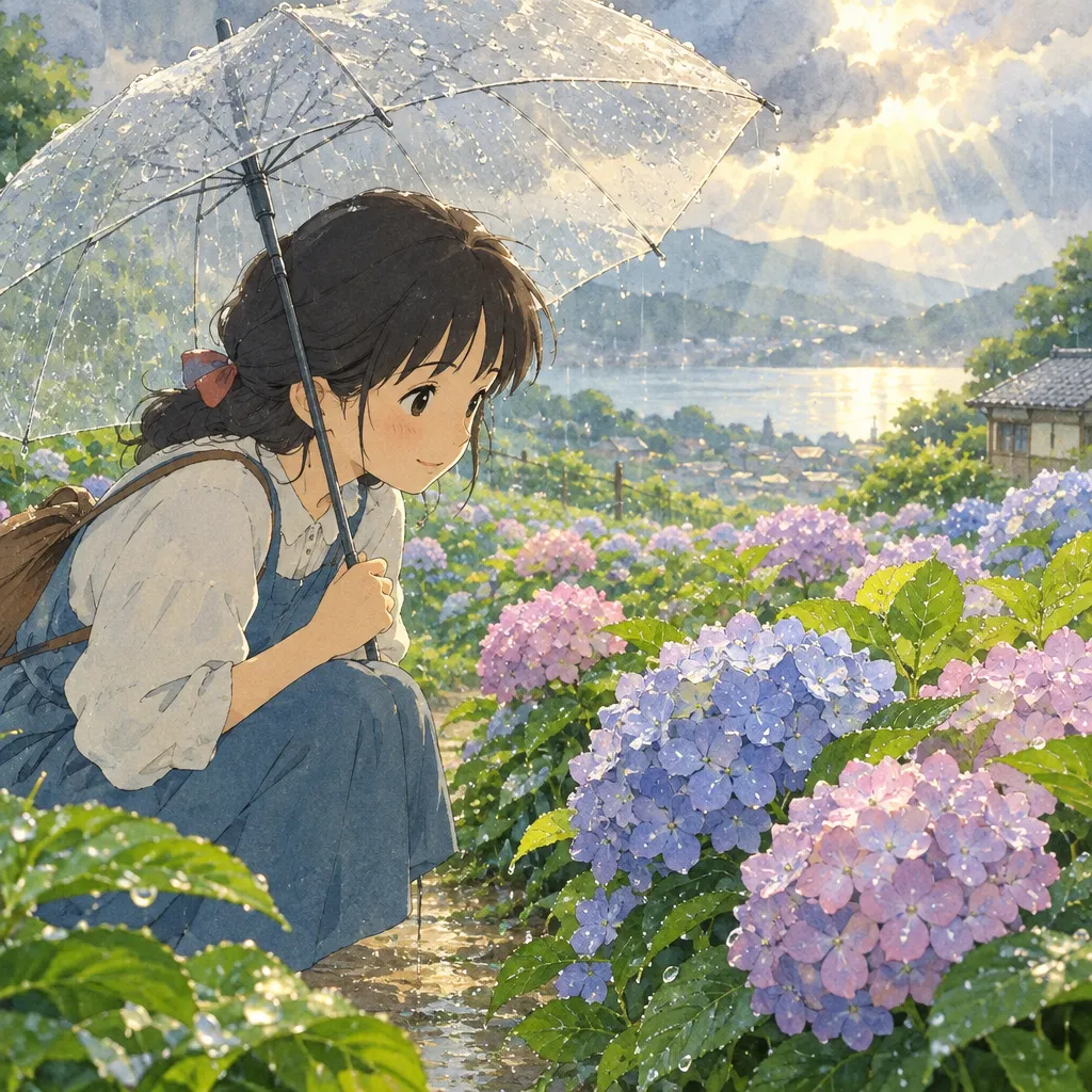 雨後的溫柔時光：繡球花田間的少女