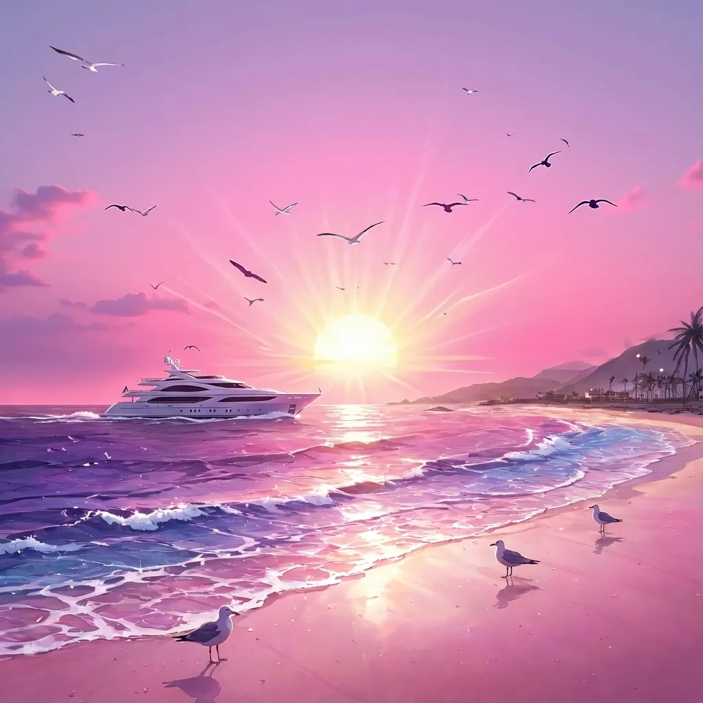 粉紫夕陽海濱遊艇