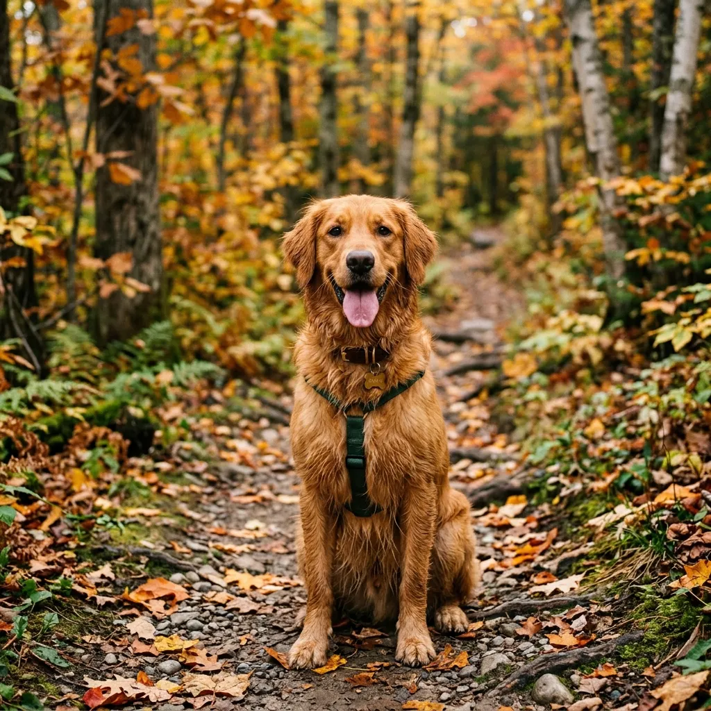 秋日林徑中的黃金獵犬：溫暖的守候