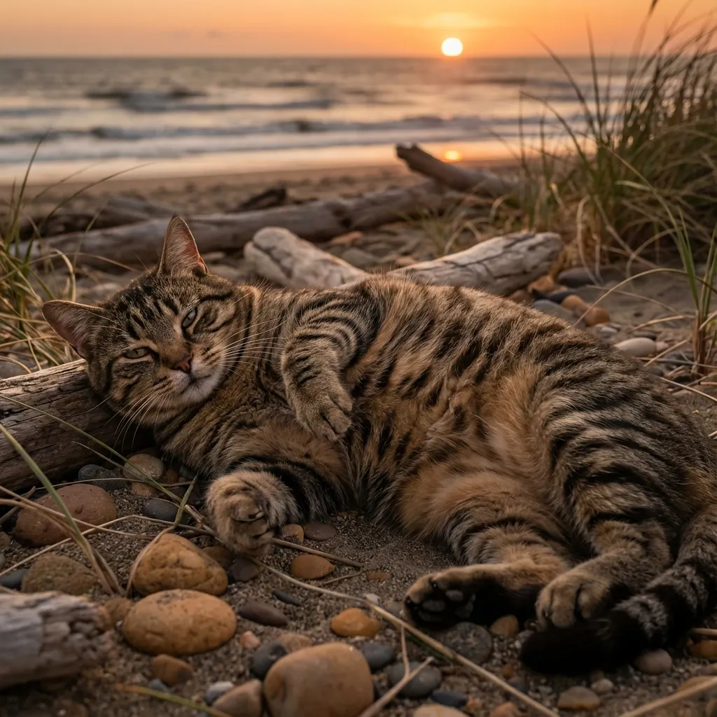 夕陽下的慵懶虎斑貓