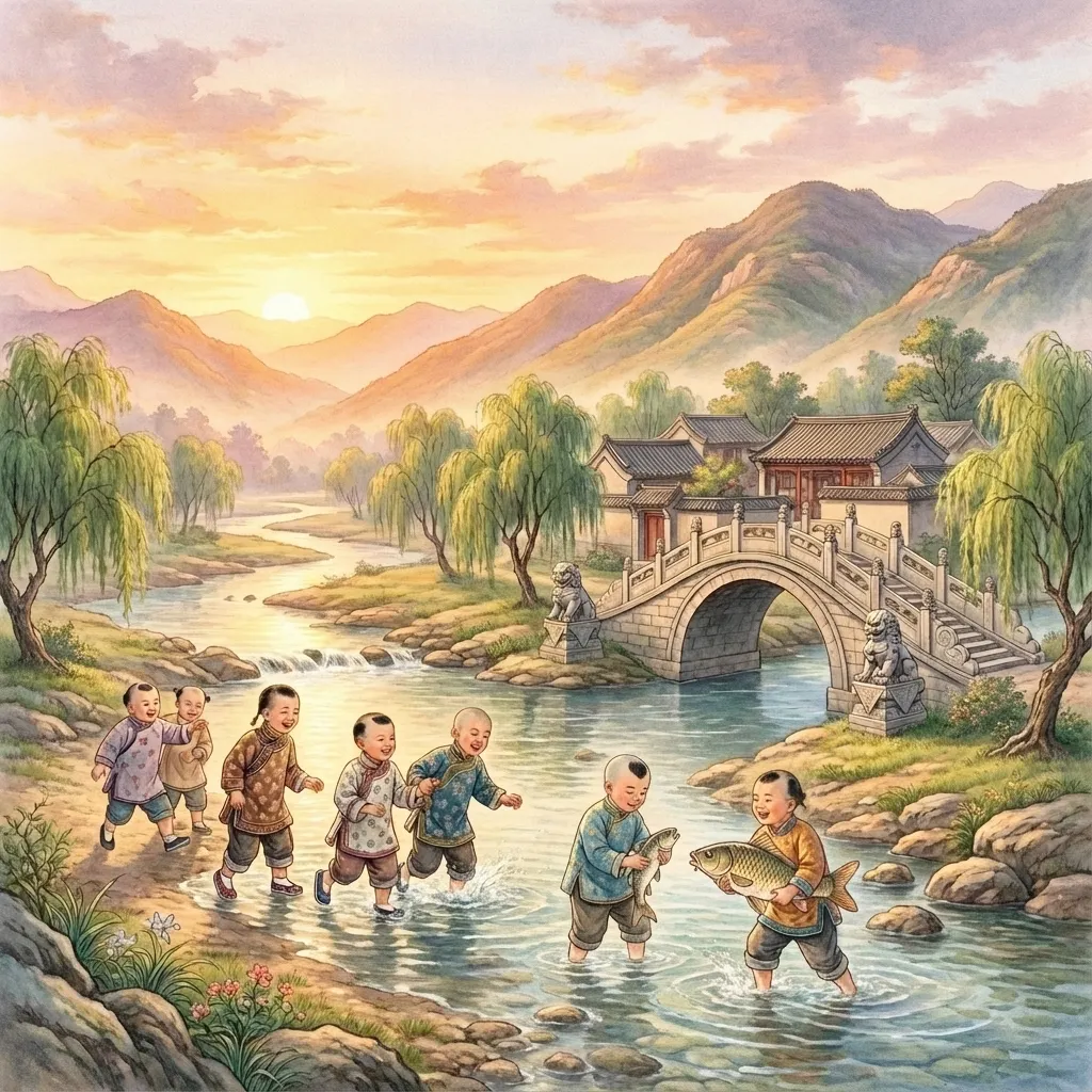 溪戲魚圖：古韻童趣夕陽下