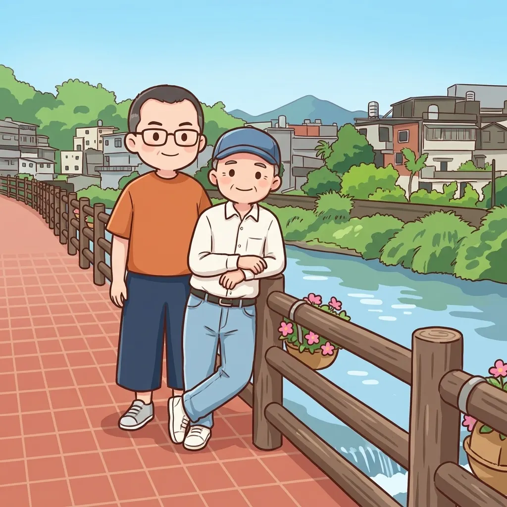 午後河畔的溫馨時光 - 兩代情深插畫