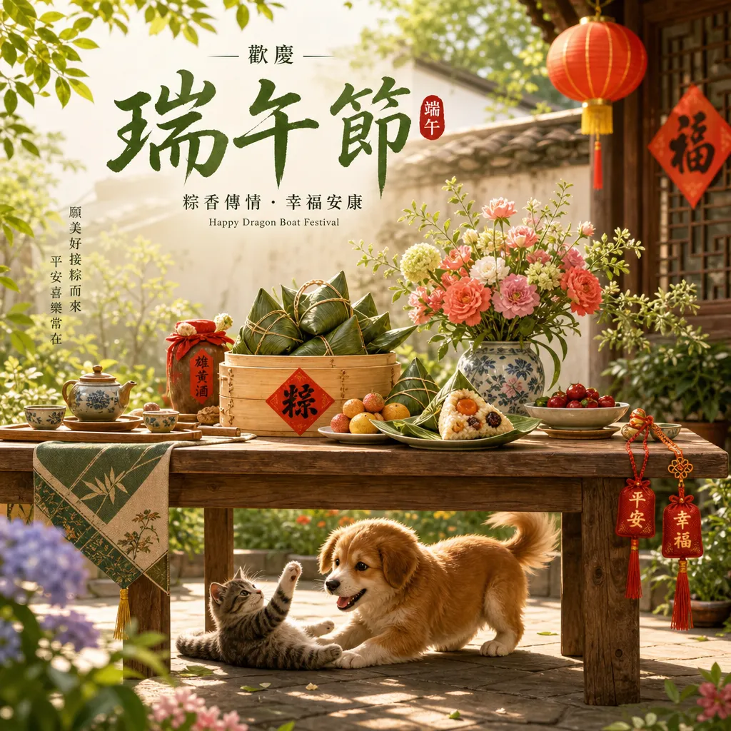 端午祥瑞:庭院粽香與萌寵嬉戲