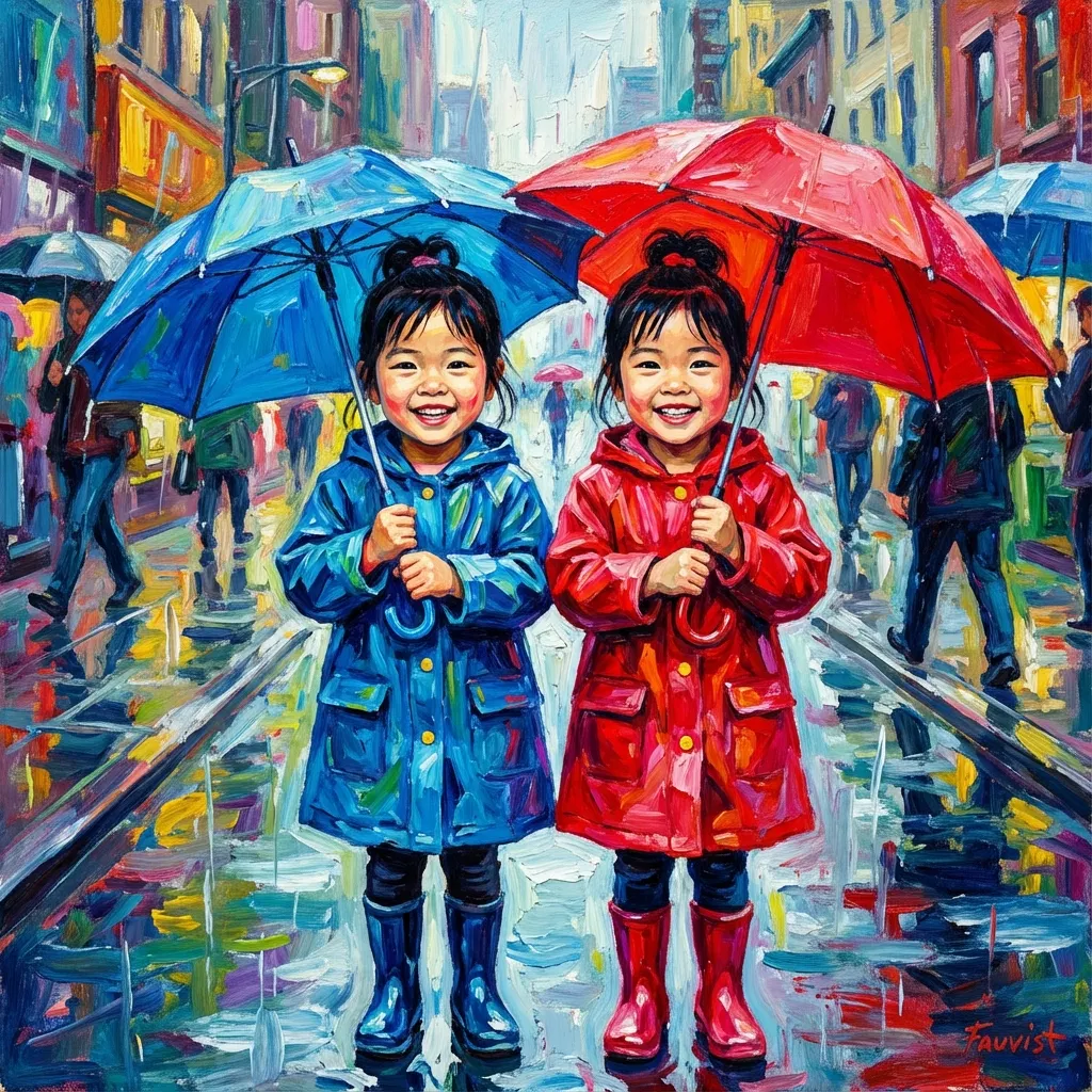 雨中笑顏:三歲雙胞胎的野獸派狂想曲