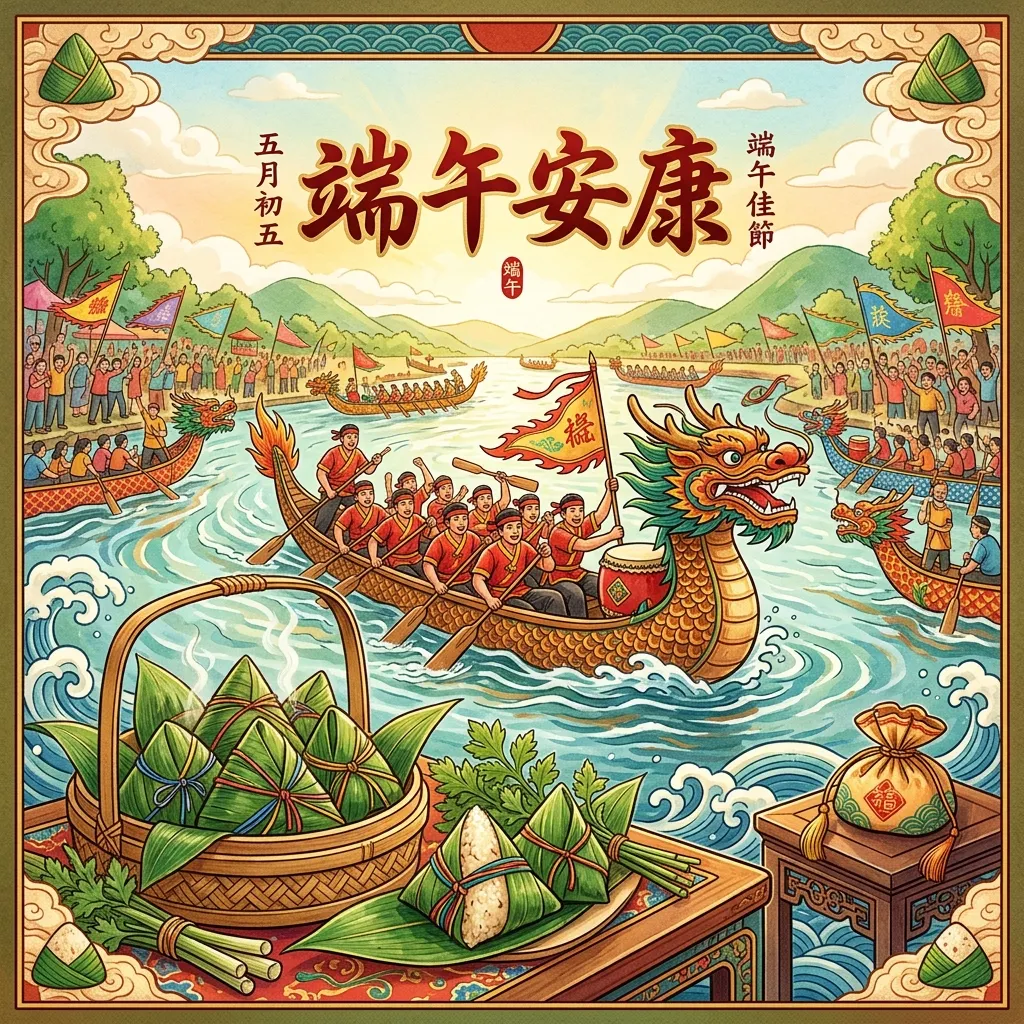 端午安康:龍舟競渡與盛夏粽香賀卡