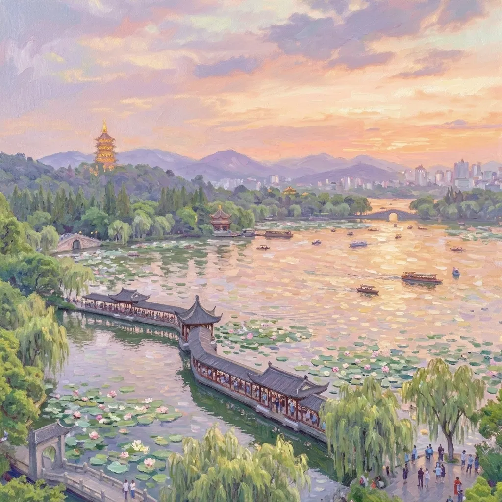 西湖暮色:印象派光影下的睡蓮與古塔