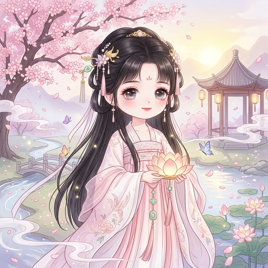 中信科大-01591 櫻色庭院:捧蓮燈的漢服少女