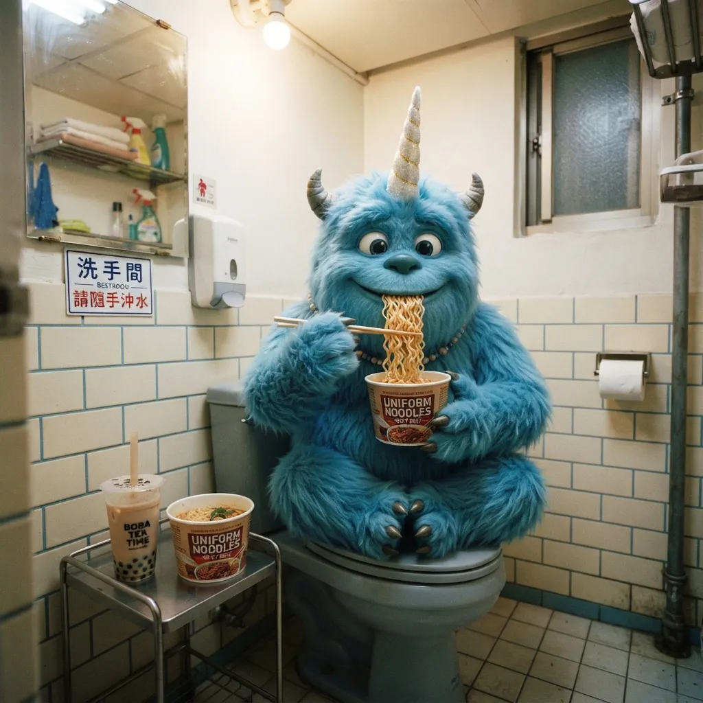 廁所裡的秘密午餐:藍色獨角怪獸的泡麵時光