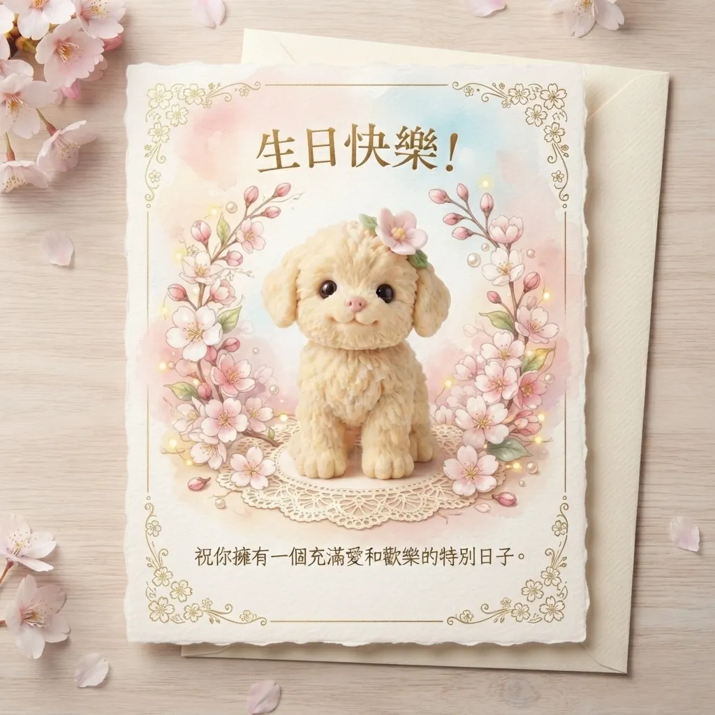 櫻花漫舞:可愛貴賓犬療癒系生日卡片