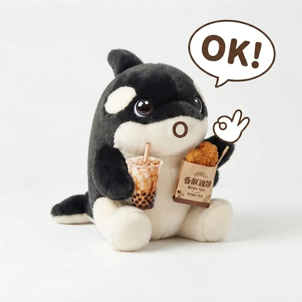 療癒系虎鯨：沒問題！OK手勢與珍珠奶茶貼圖