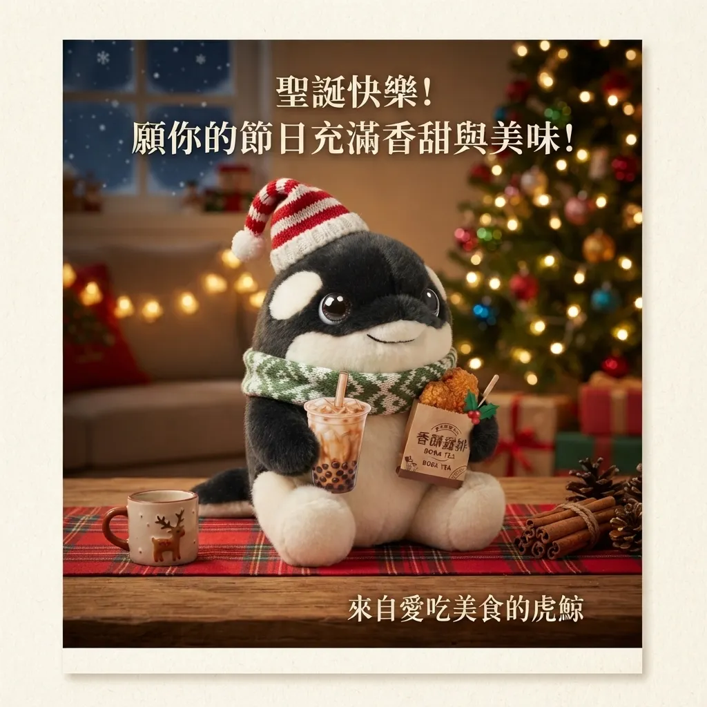 暖心聖誕美食：貪吃小虎鯨的佳節祝福卡片