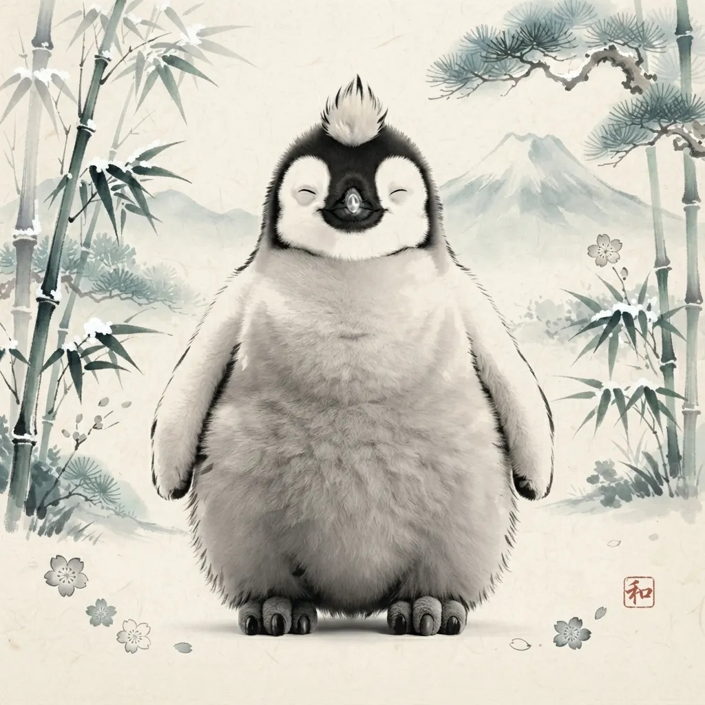 墨色初春:浮世繪風格的極地萌物