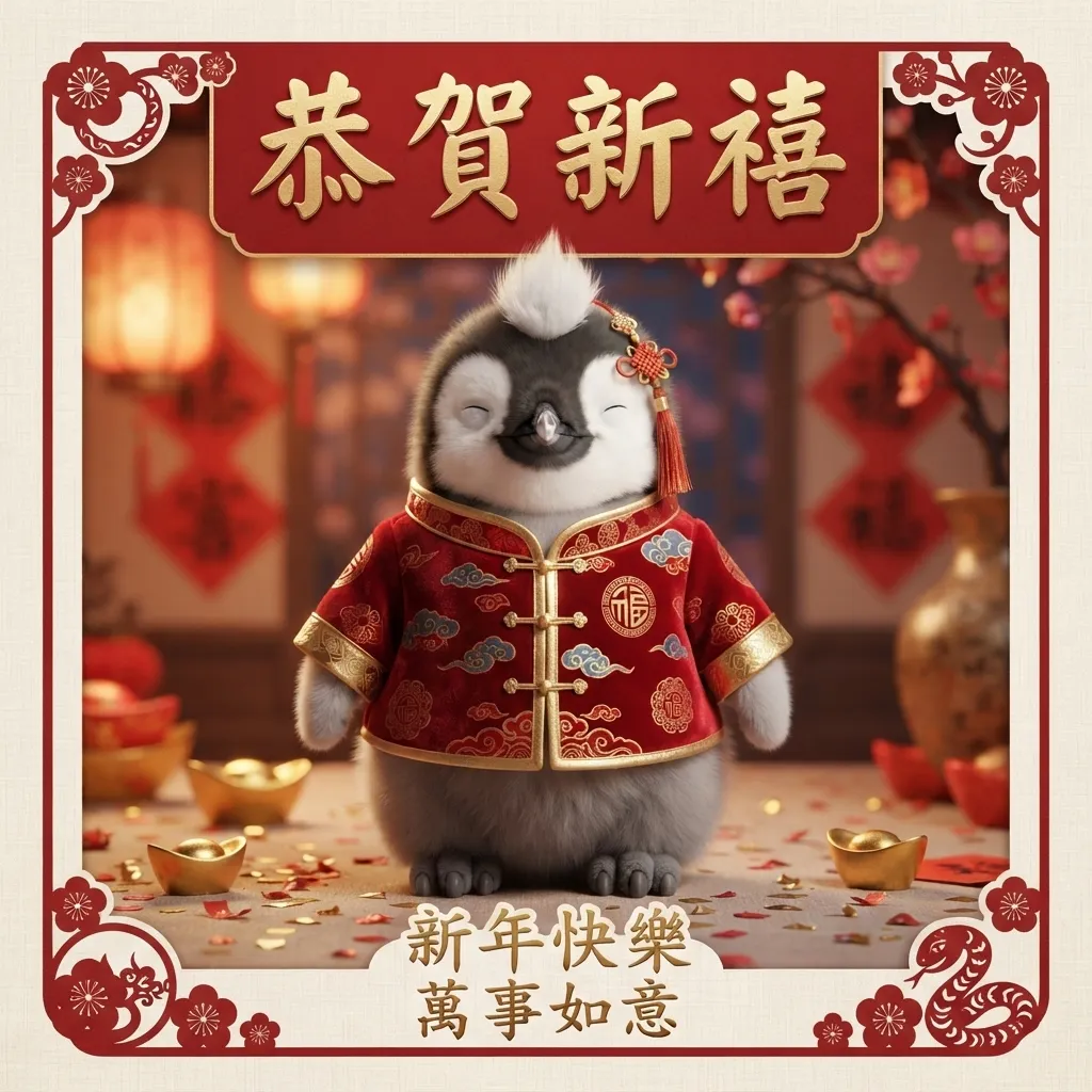 萌寵迎春:Q版企鵝賀歲新年卡片