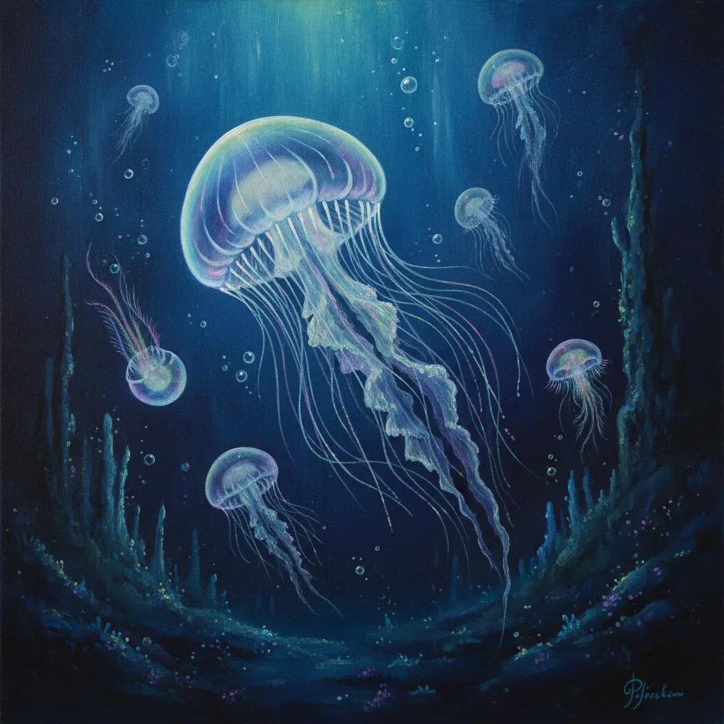 深海に舞う光の精霊:幻想的な海月の物語