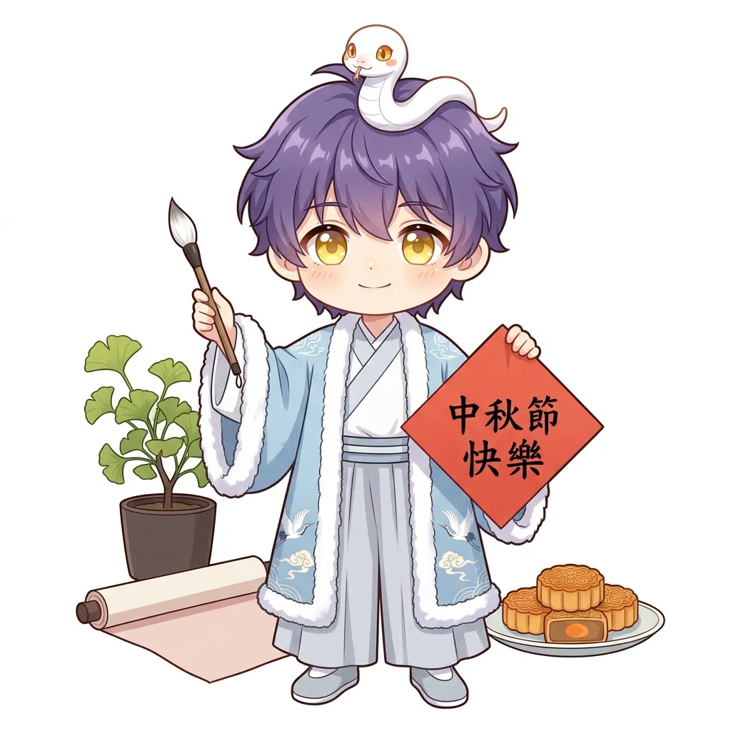 中秋佳節:Q版漢服少年與白蛇的祝福中秋節快樂