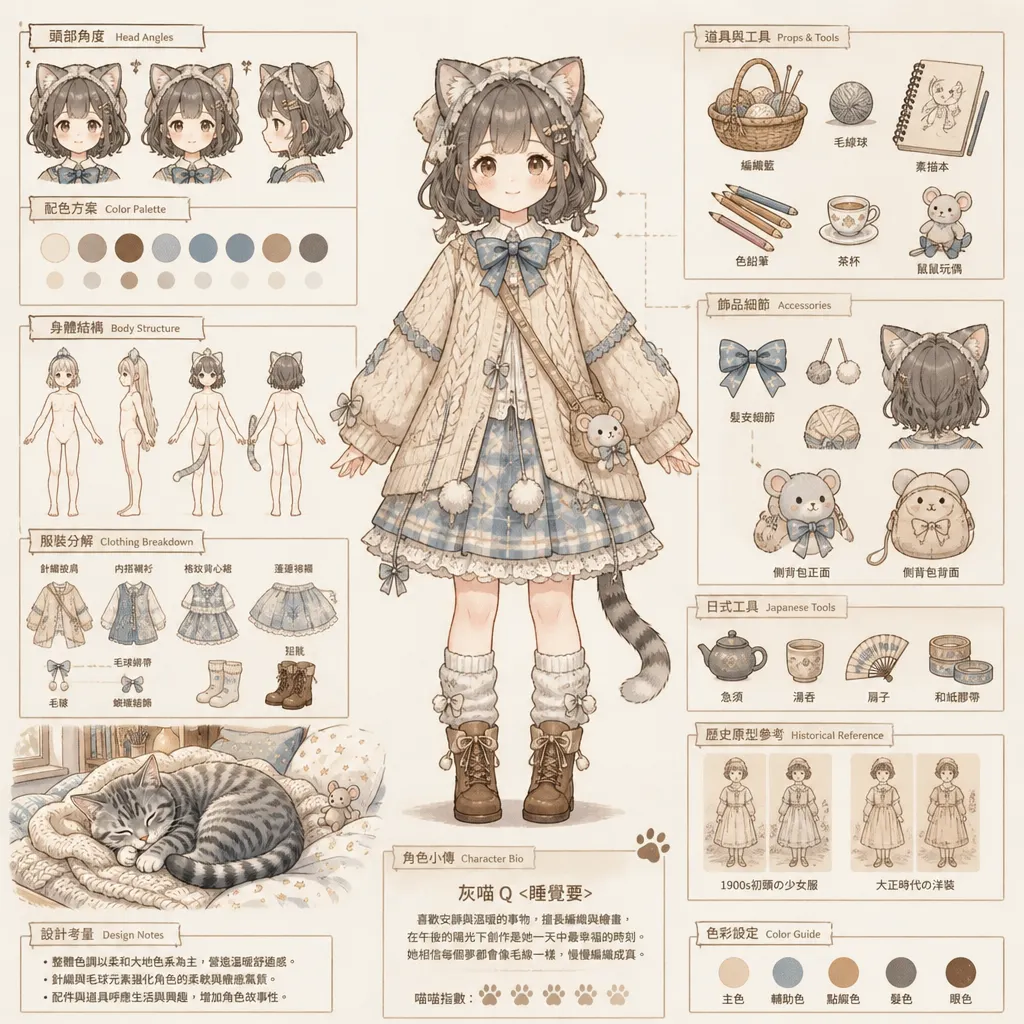 灰喵Q的午後美夢:角色設定與溫馨插畫