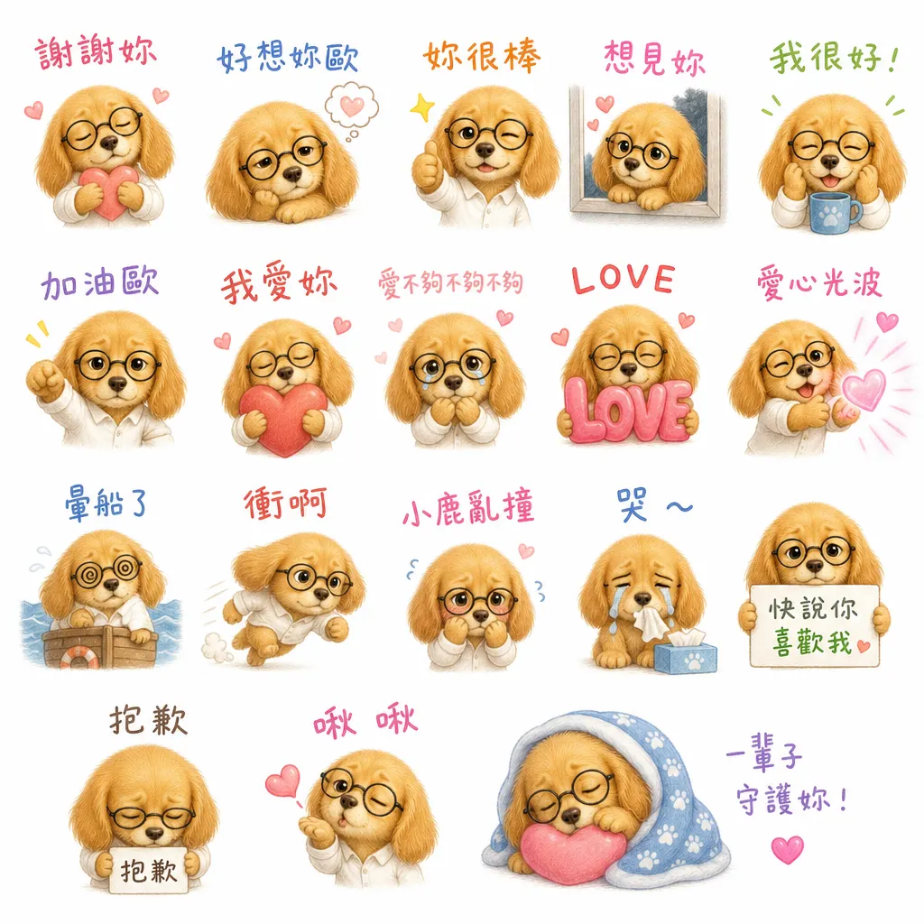 暖心金毛眼鏡犬:告白與日常情感 18 款表情包