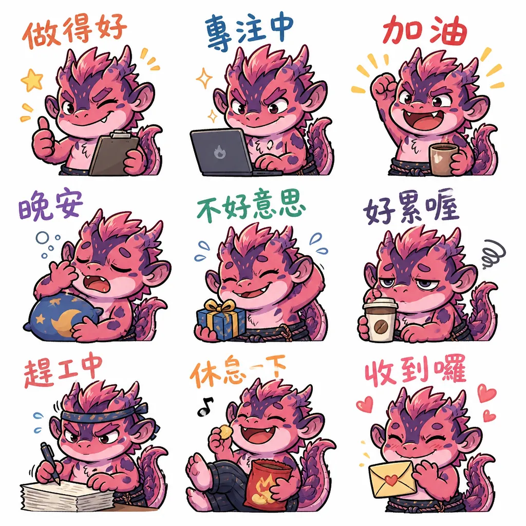 超萌Q版粉紅小火龍日常貼圖表情包:九種心情一次滿足
