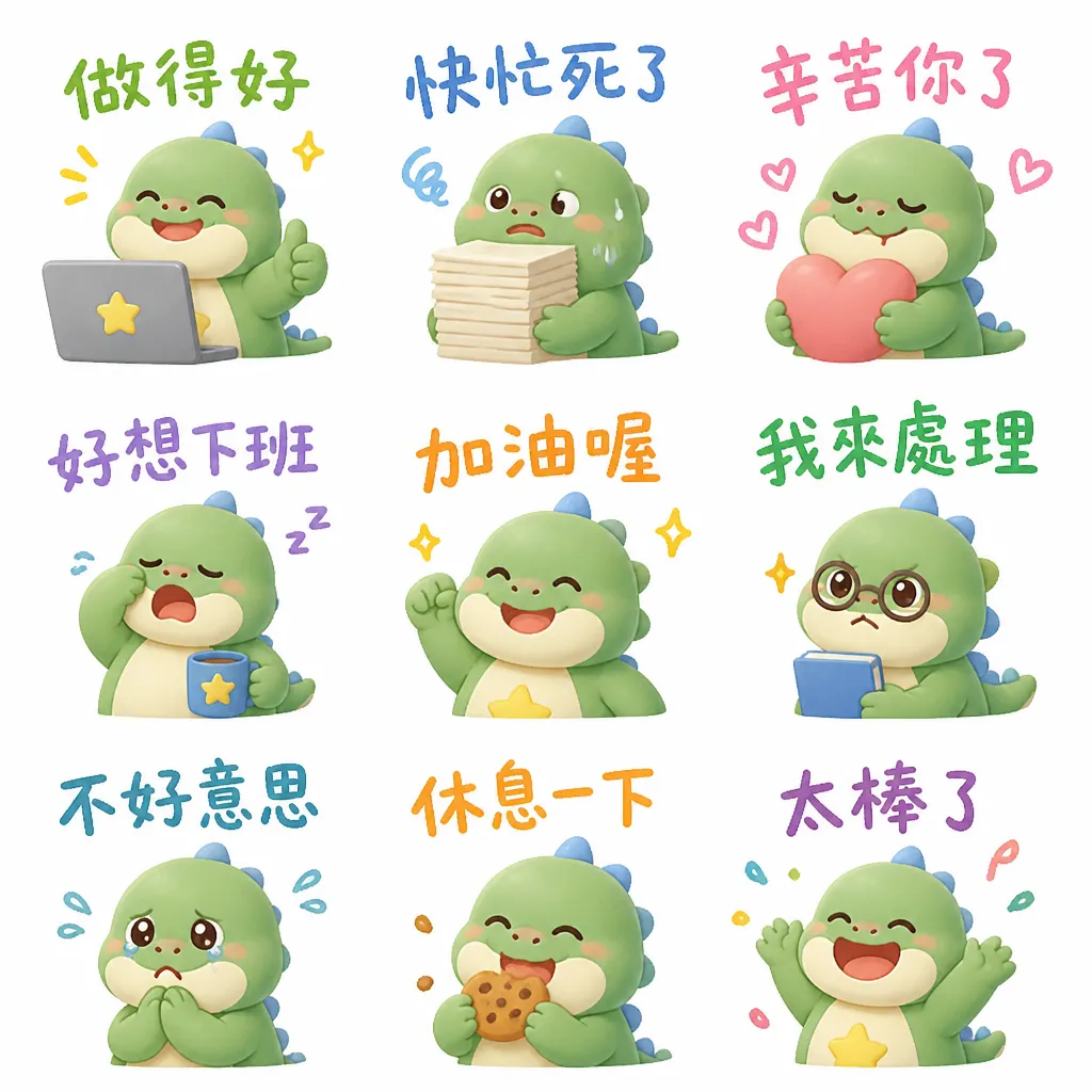 職場打工魂：小恐龍日常貼圖表情包九宮格