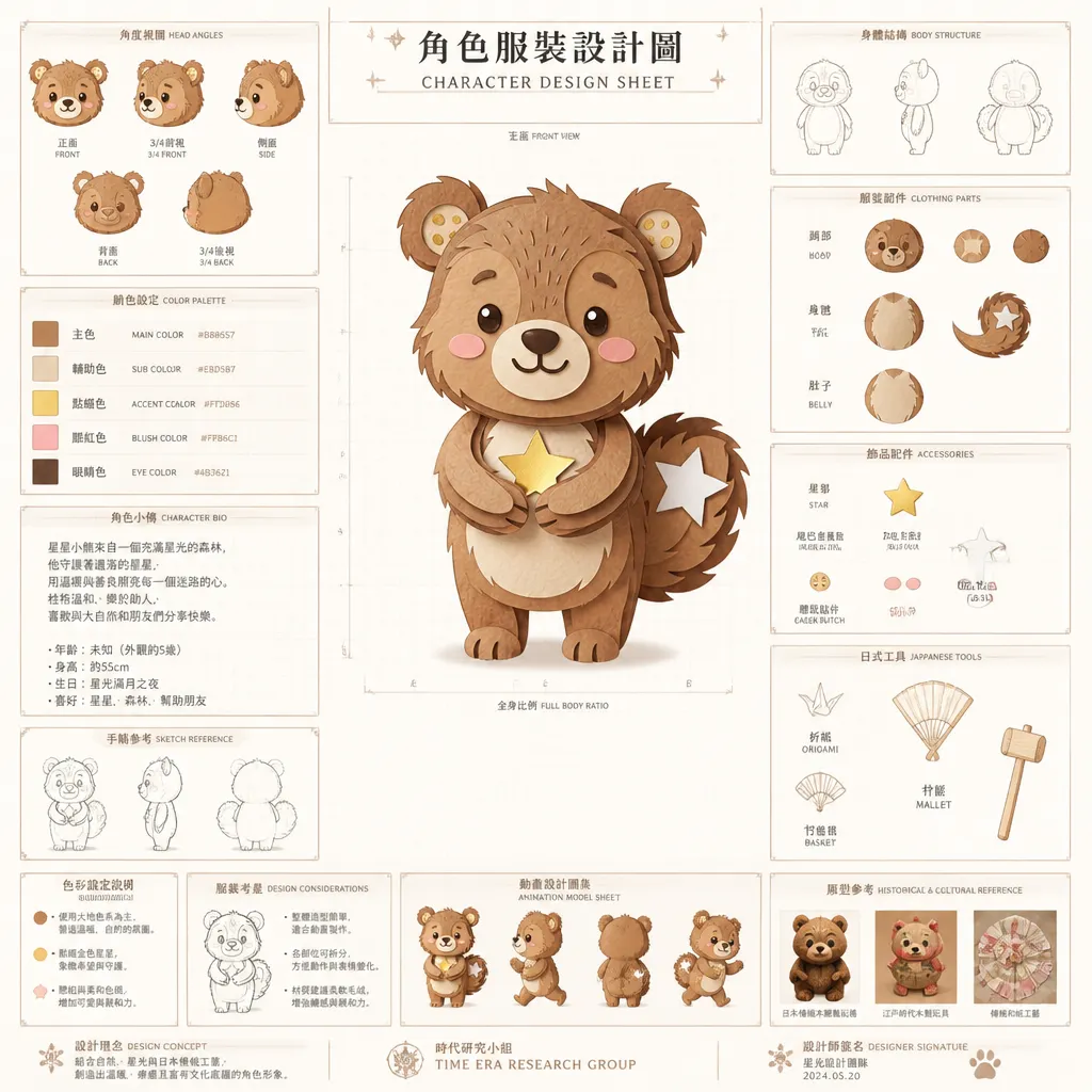 星星小熊：傳統工藝風格角色設計圖