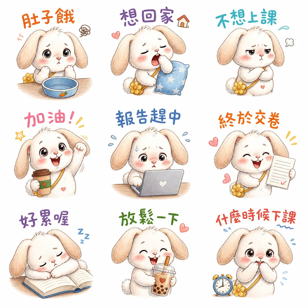 大學生厭世日常：垂耳兔九宮格表情包
