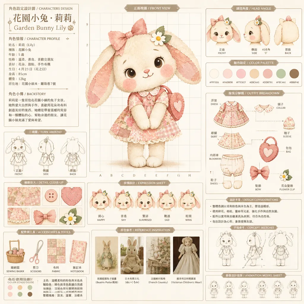 花園小兔莉莉：療癒系角色設定設計圖