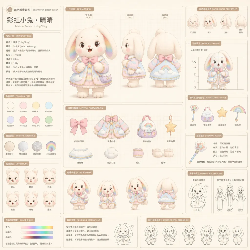 彩虹小兔・晴晴：完整角色設計設定圖稿