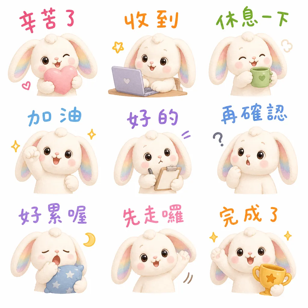 彩虹垂耳兔職場日常表情包九宮格