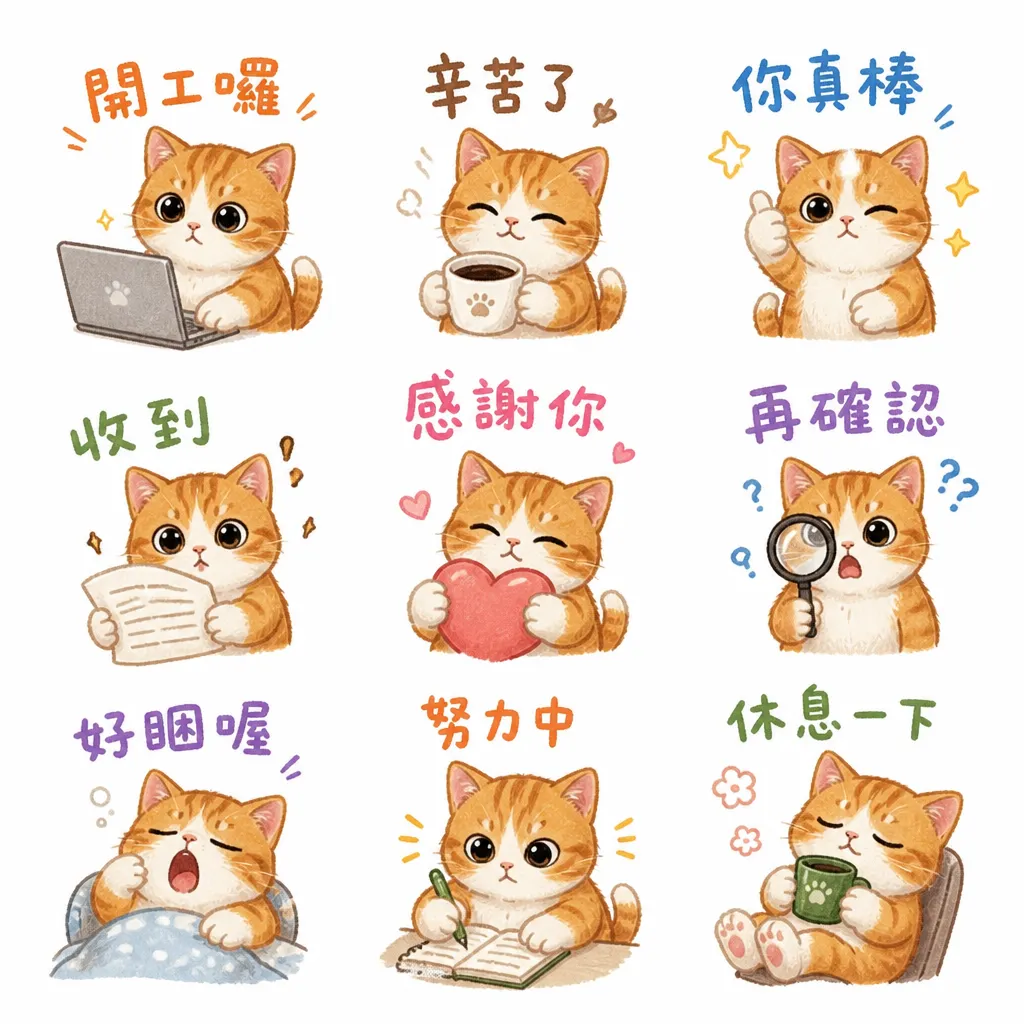 職場應援：橘貓九宮格日常表情包