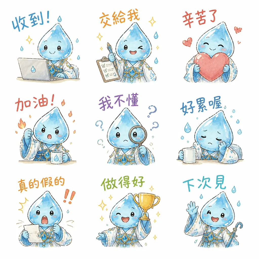 水滴精靈的日常冒險：九入職場生活貼圖組