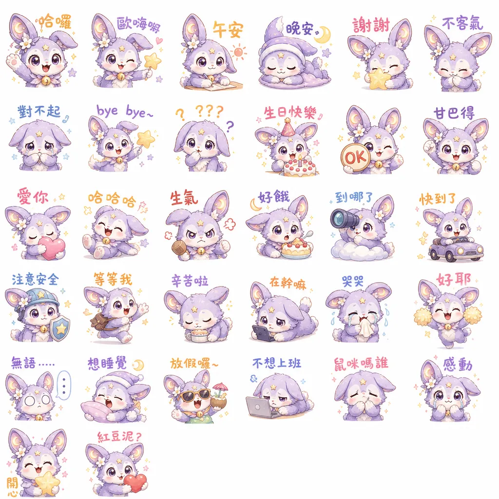 療癒系紫色小兔：日常萬用表情貼圖組