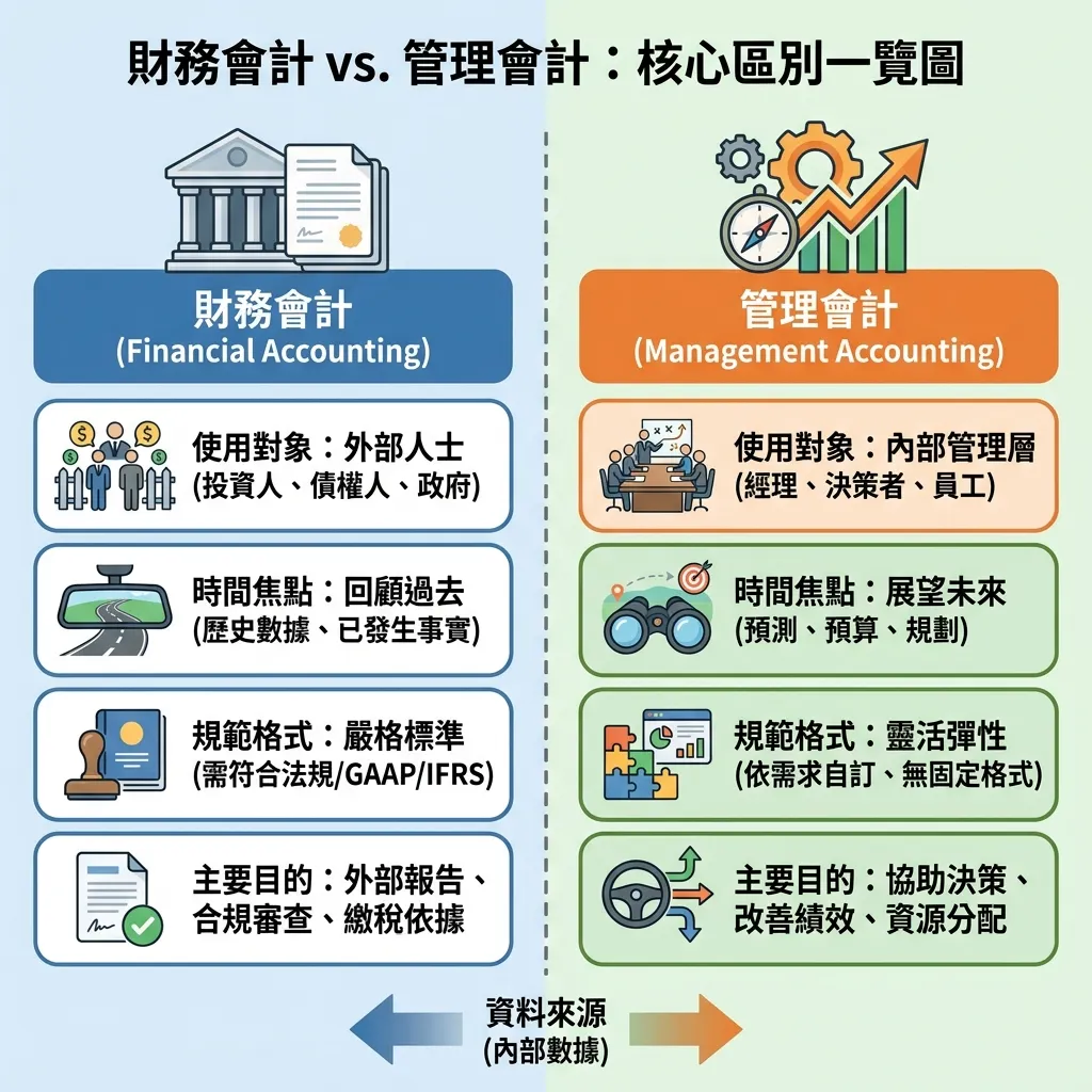 一圖看懂：財務會計 vs. 管理會計的核心區別