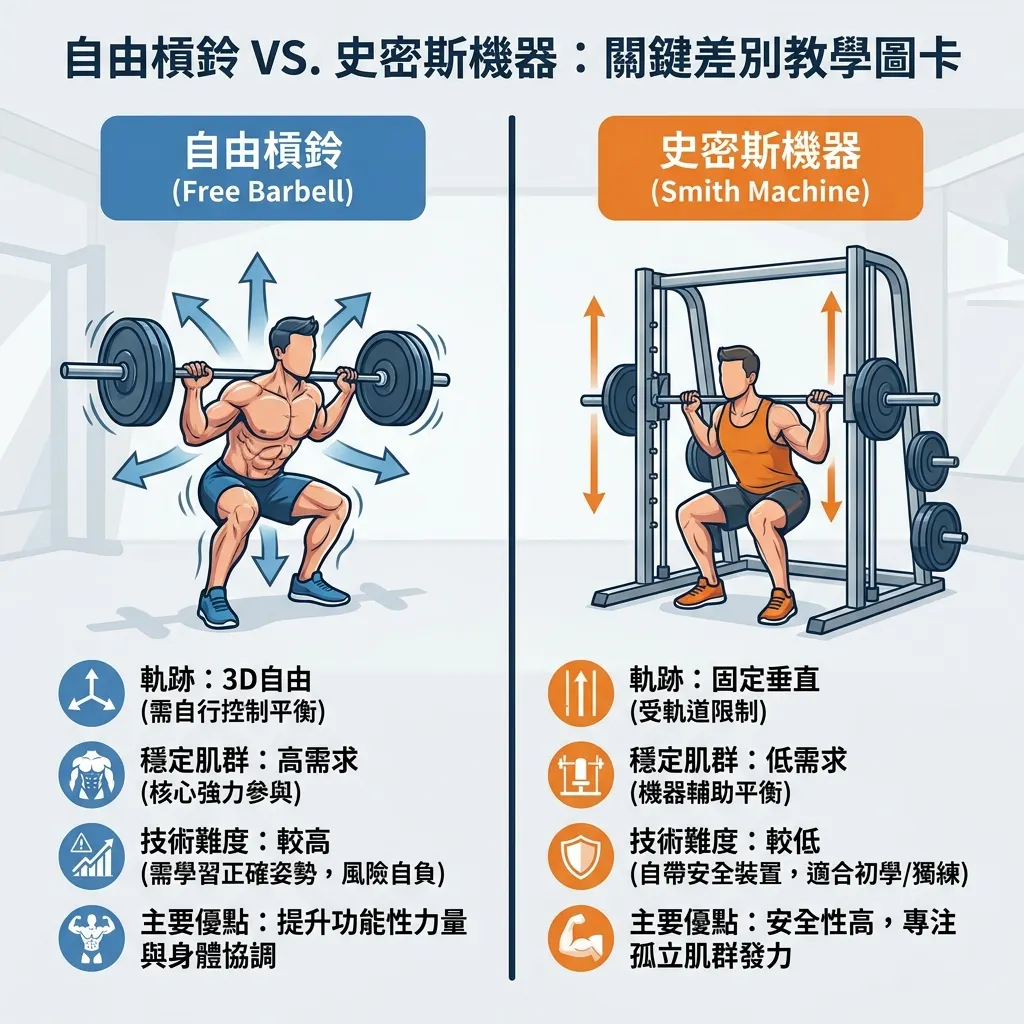 健身教學圖解：自由槓鈴與史密斯機器的關鍵差異