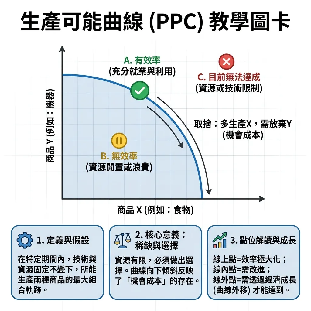 經濟學基礎：生產可能曲線 (PPC) 教學圖卡