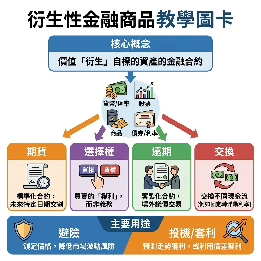 衍生性金融商品:核心概念與四大類型教學圖卡