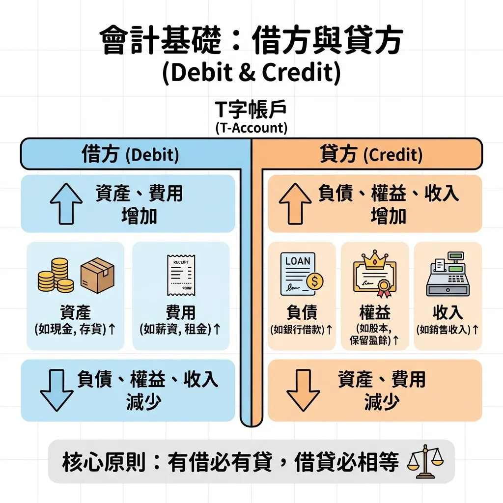 一圖看懂會計基礎:借方與貸方 T 字帳戶圖解